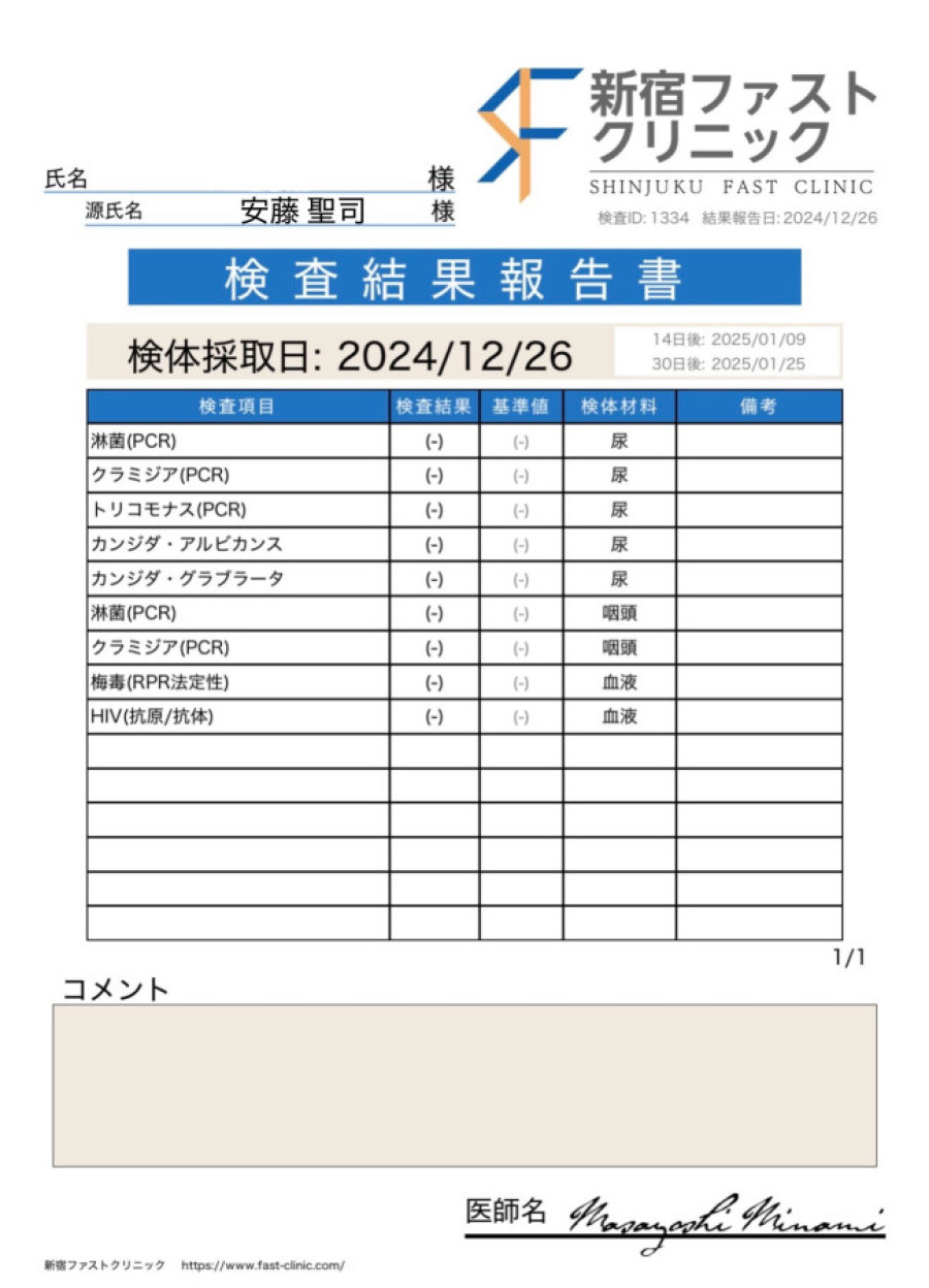 安藤 聖司の性病検査証明書