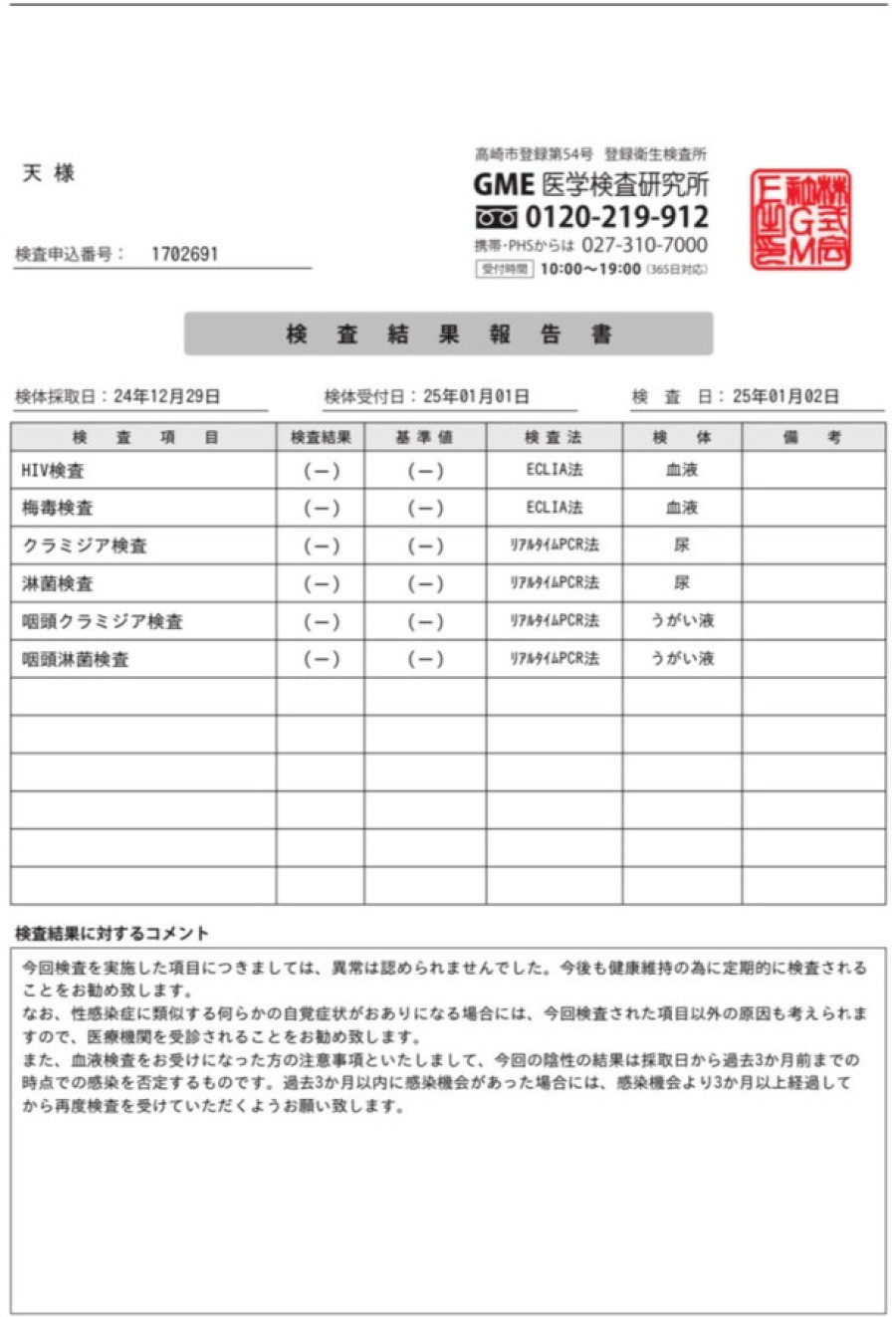 天の性病検査証明書