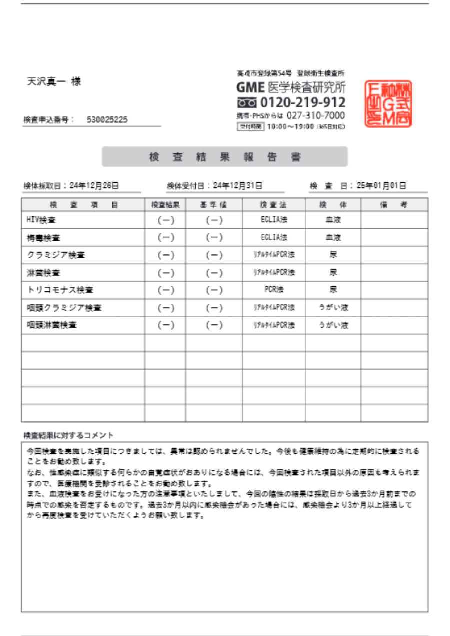 天沢真一の性病検査証明書