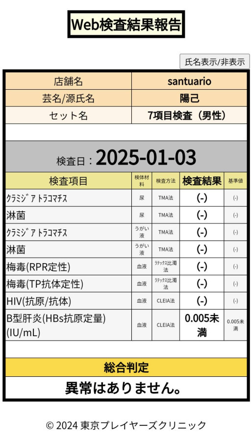 陽己の性病検査証明書