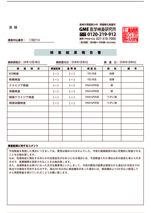 楽の性病検査証明書