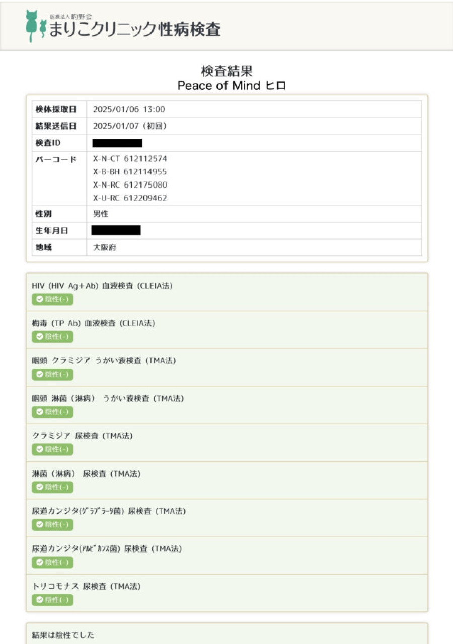 ヒロの性病検査証明書