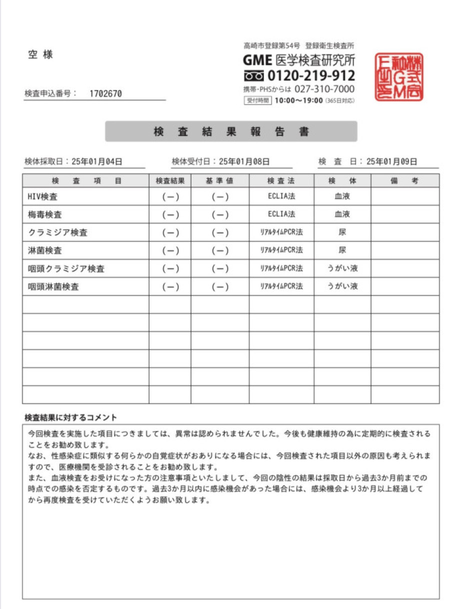 空の性病検査証明書