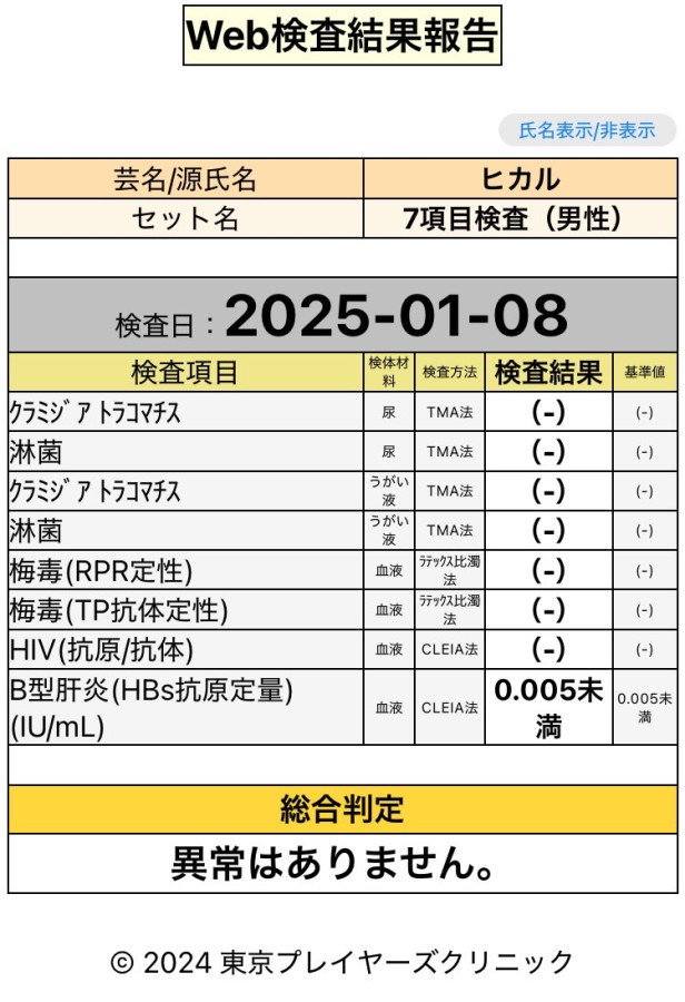 ヒカルの性病検査証明書