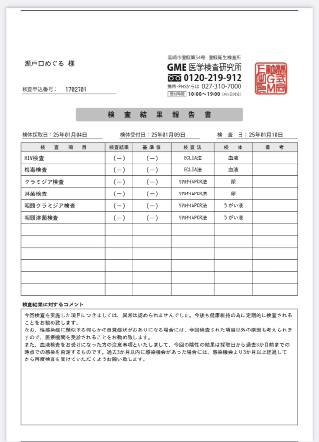 瀬戸口めぐるの性病検査証明書