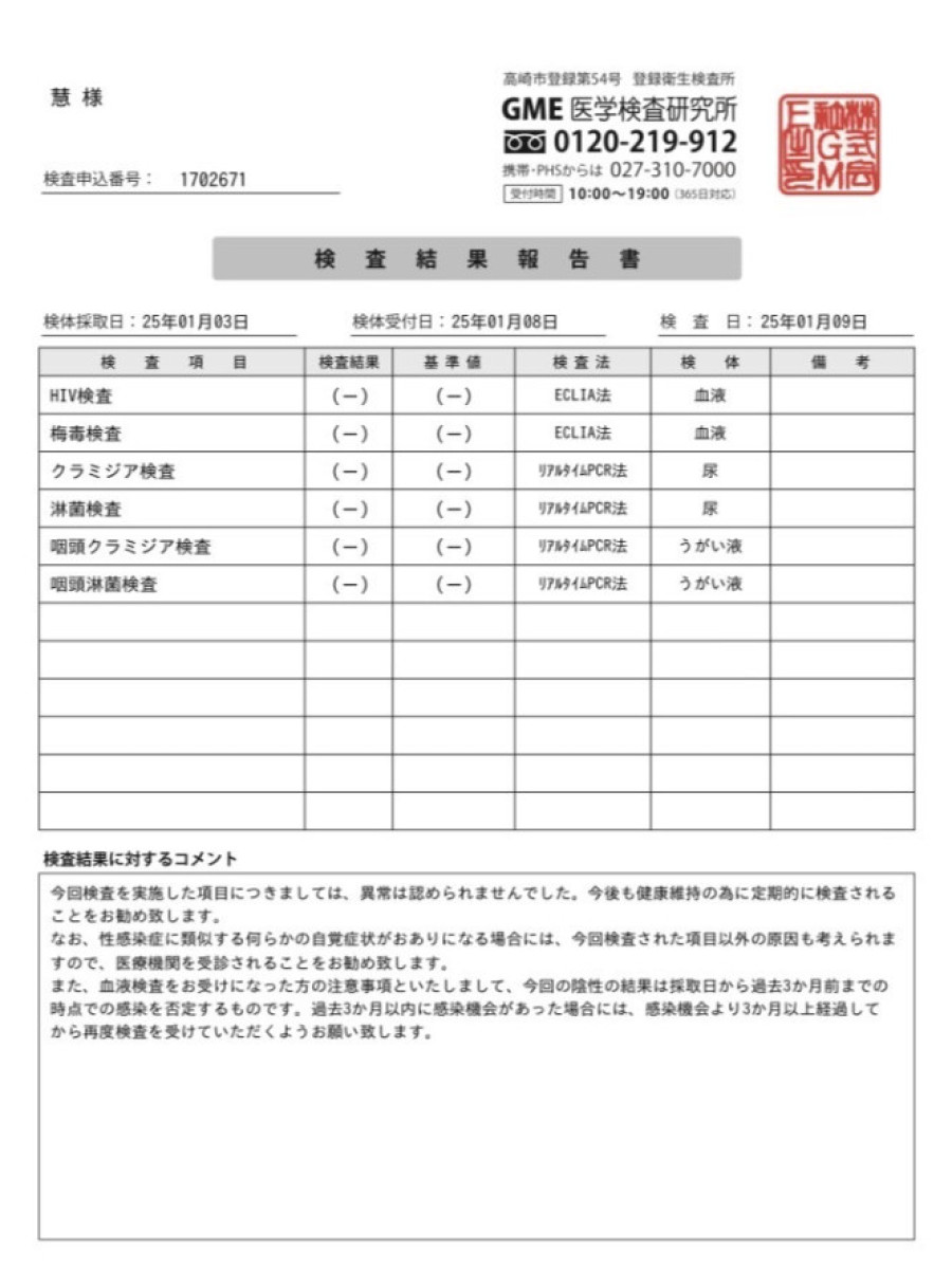 慧の性病検査証明書