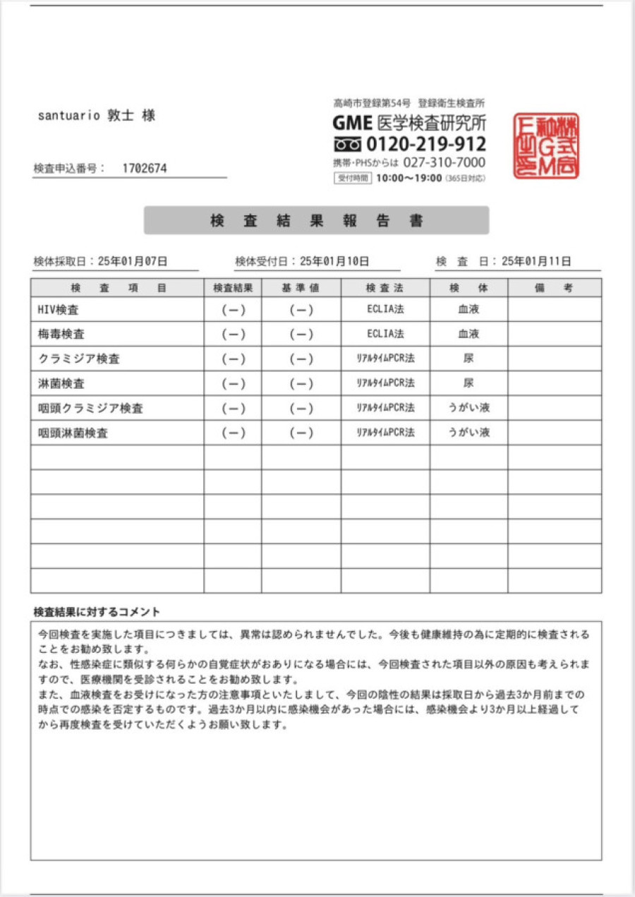 敦士の性病検査証明書