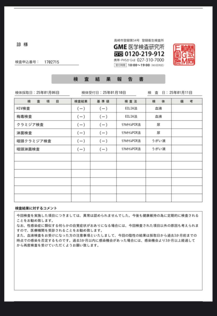 諒の性病検査証明書