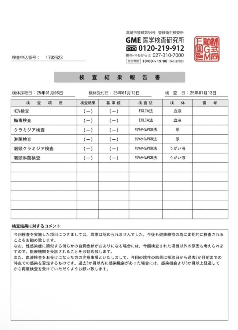 晴人の性病検査証明書