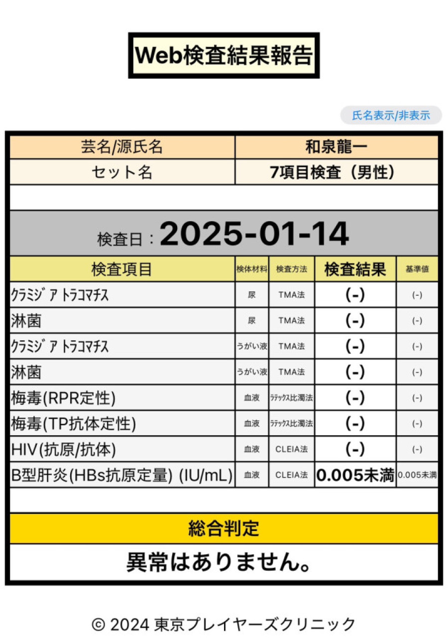 和泉 龍一の性病検査証明書