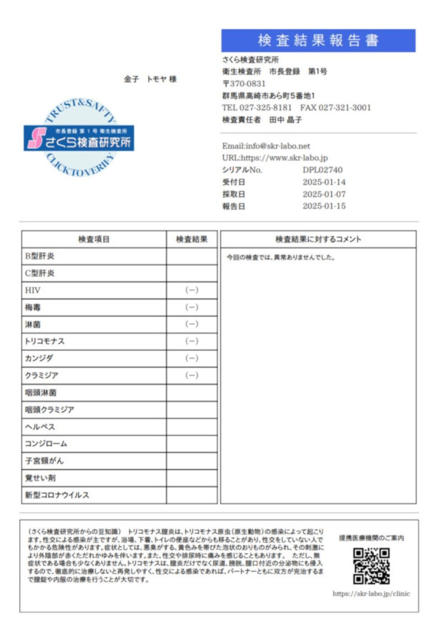 金子 トモヤの性病検査証明書