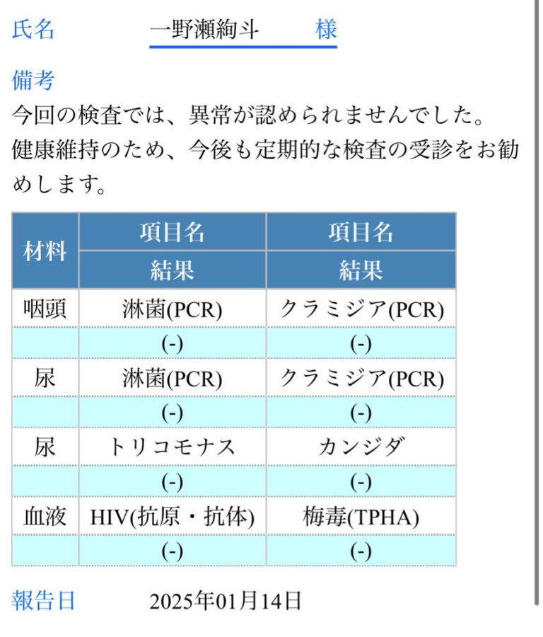 一野瀬　絢斗の性病検査証明書