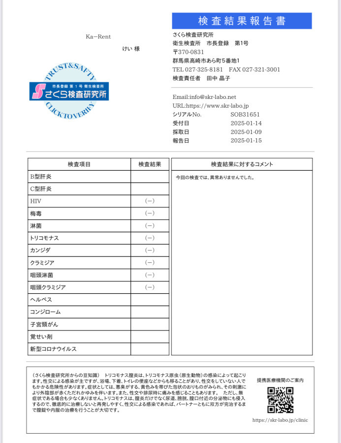 けいの性病検査証明書