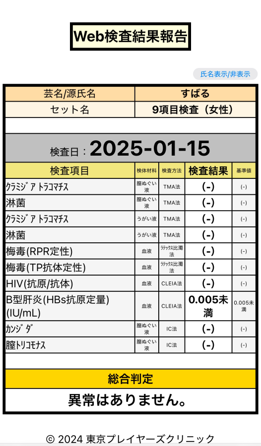 昴の性病検査証明書