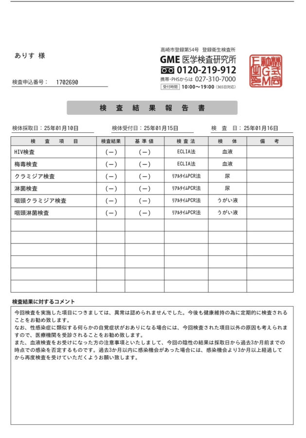 ありすの性病検査証明書