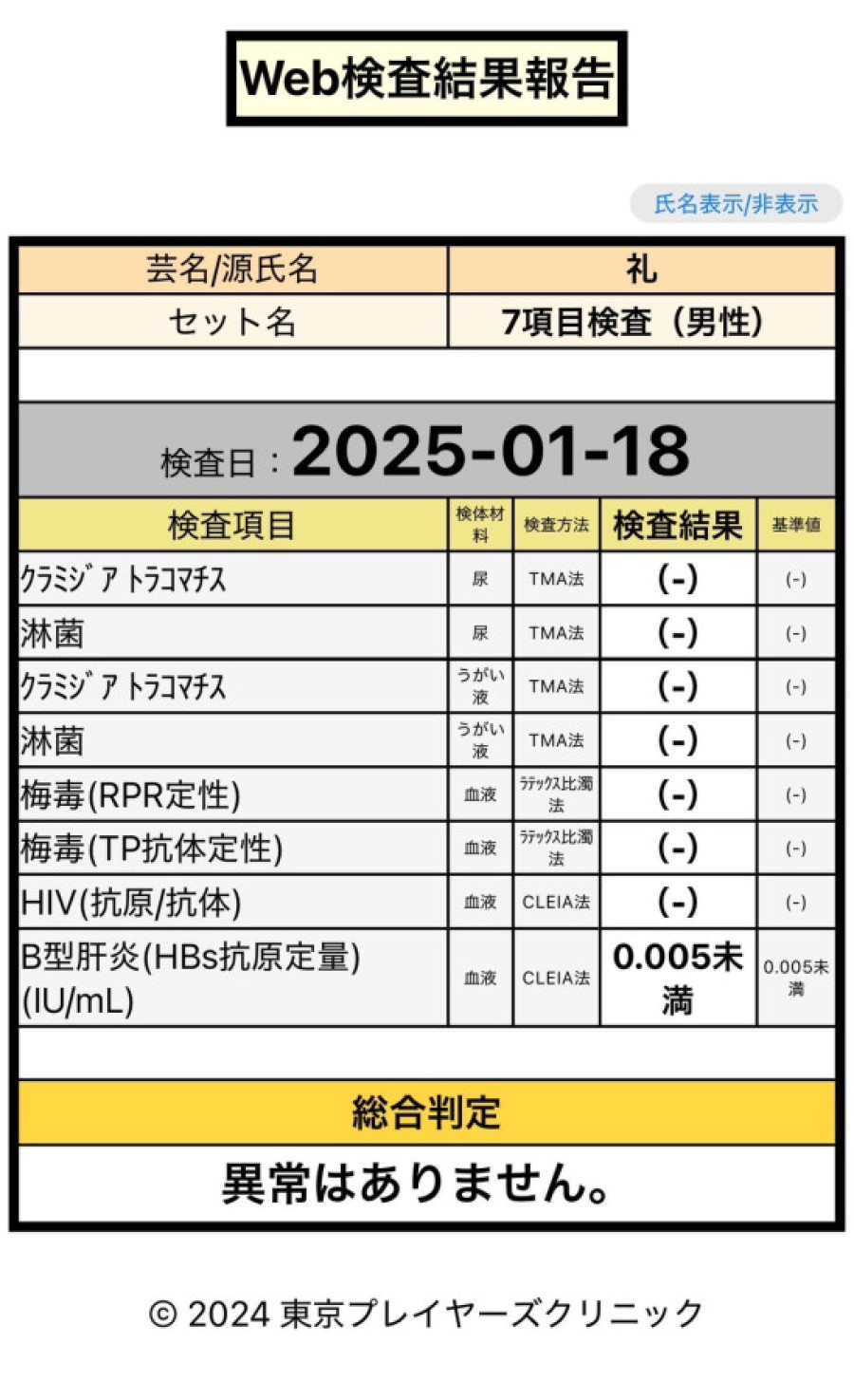 礼の性病検査証明書