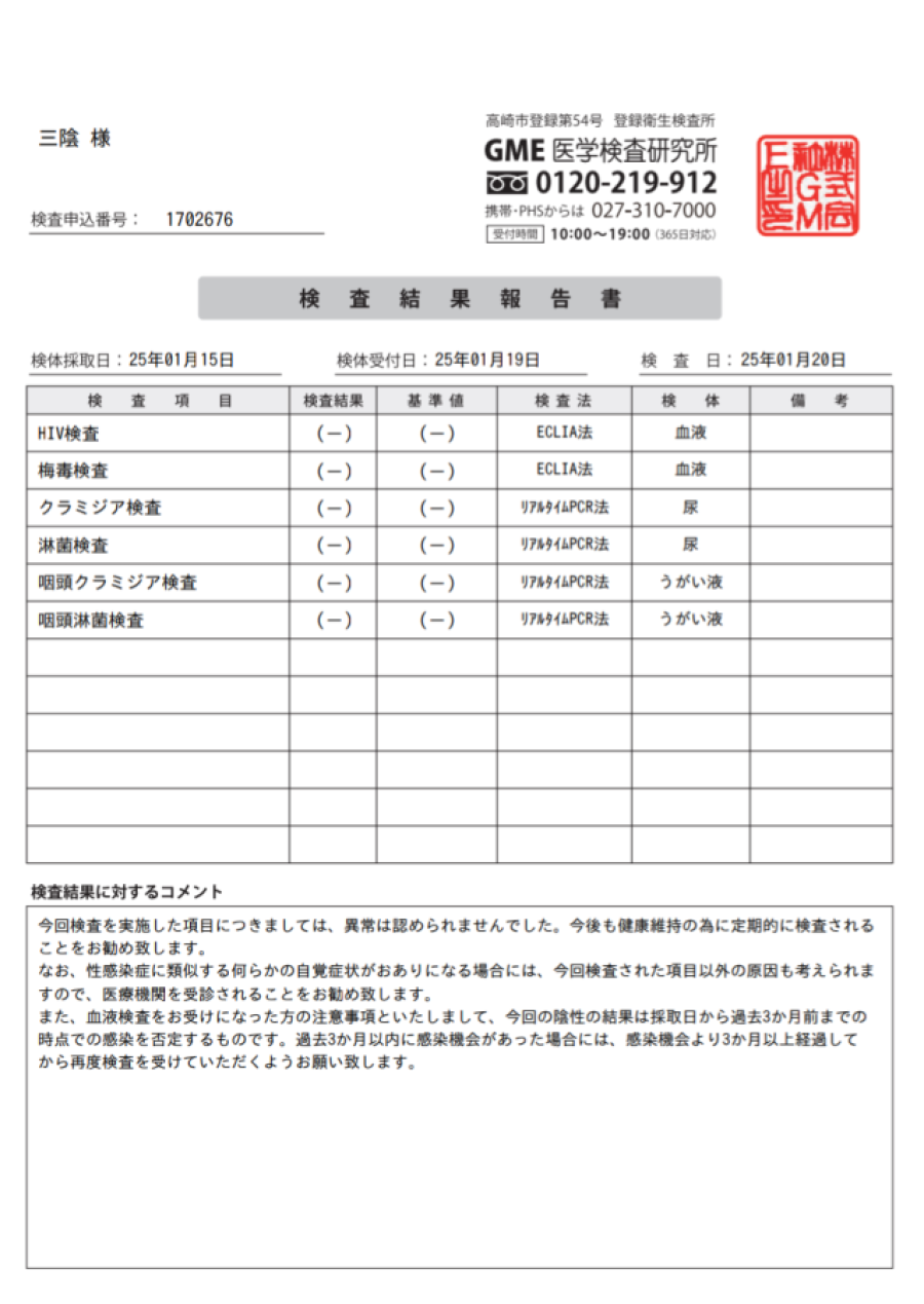 三陰の性病検査証明書