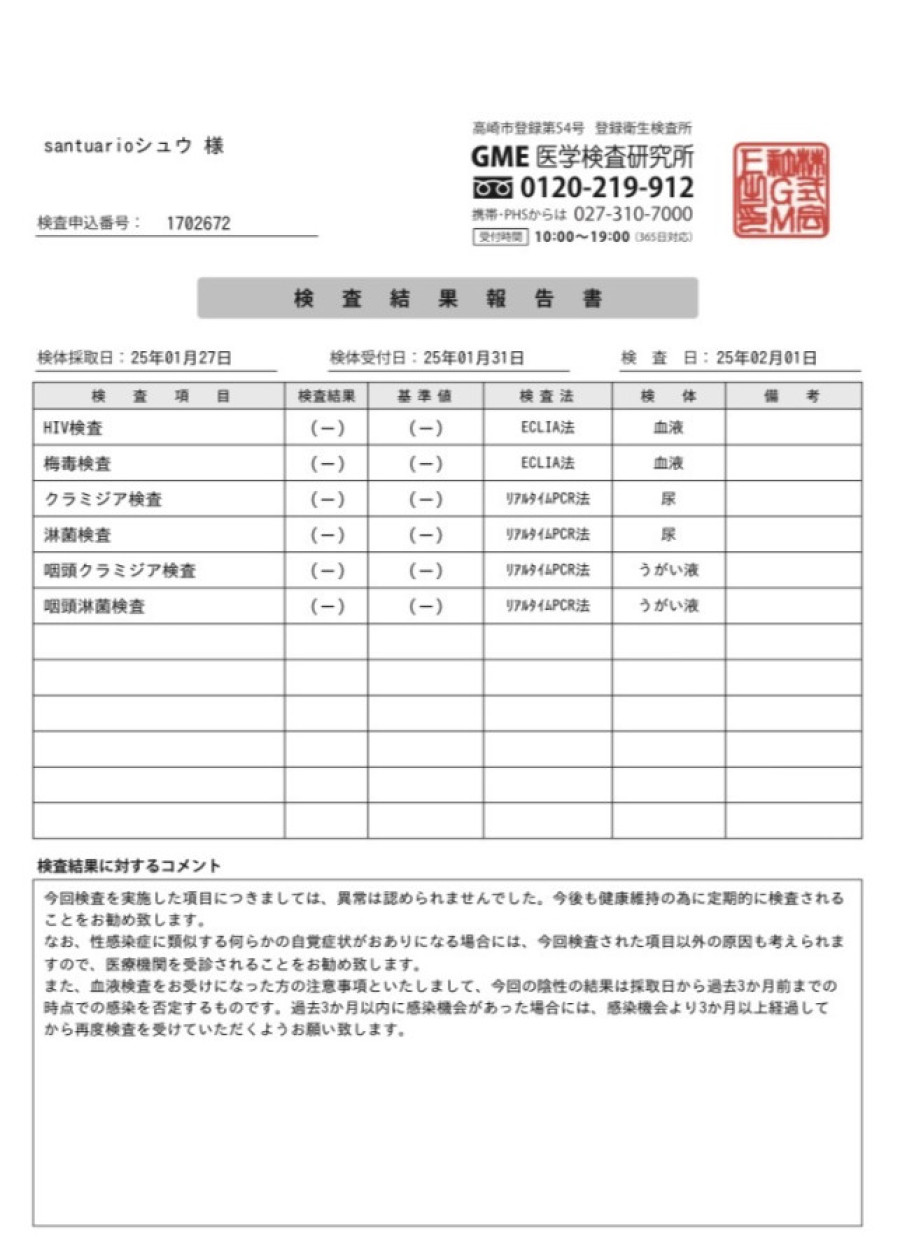 シュウの性病検査証明書