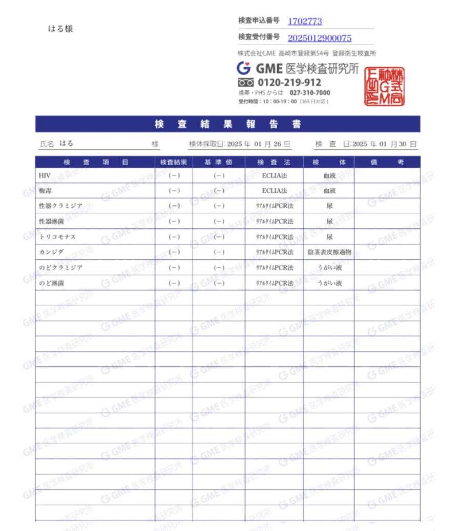 Haruの性病検査証明書