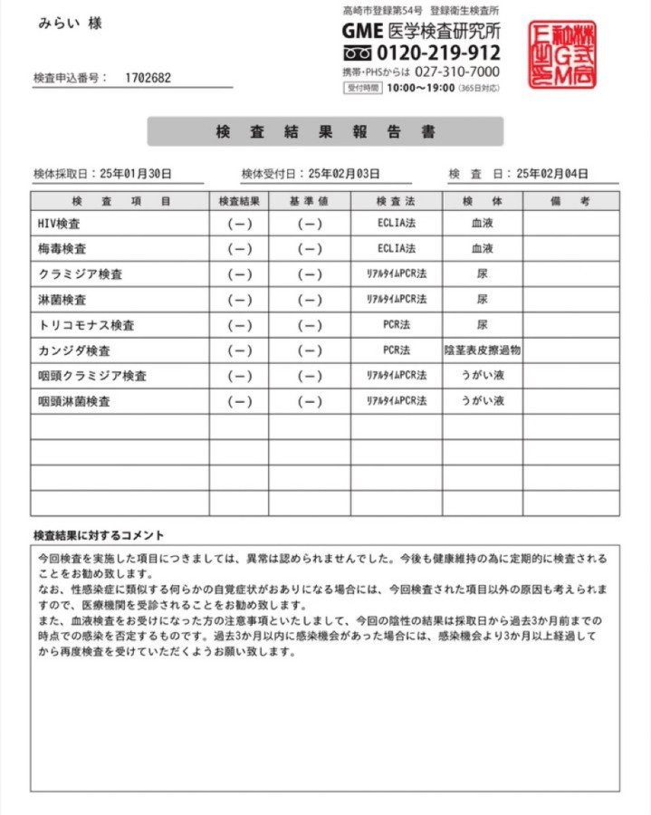 Miraiの性病検査証明書