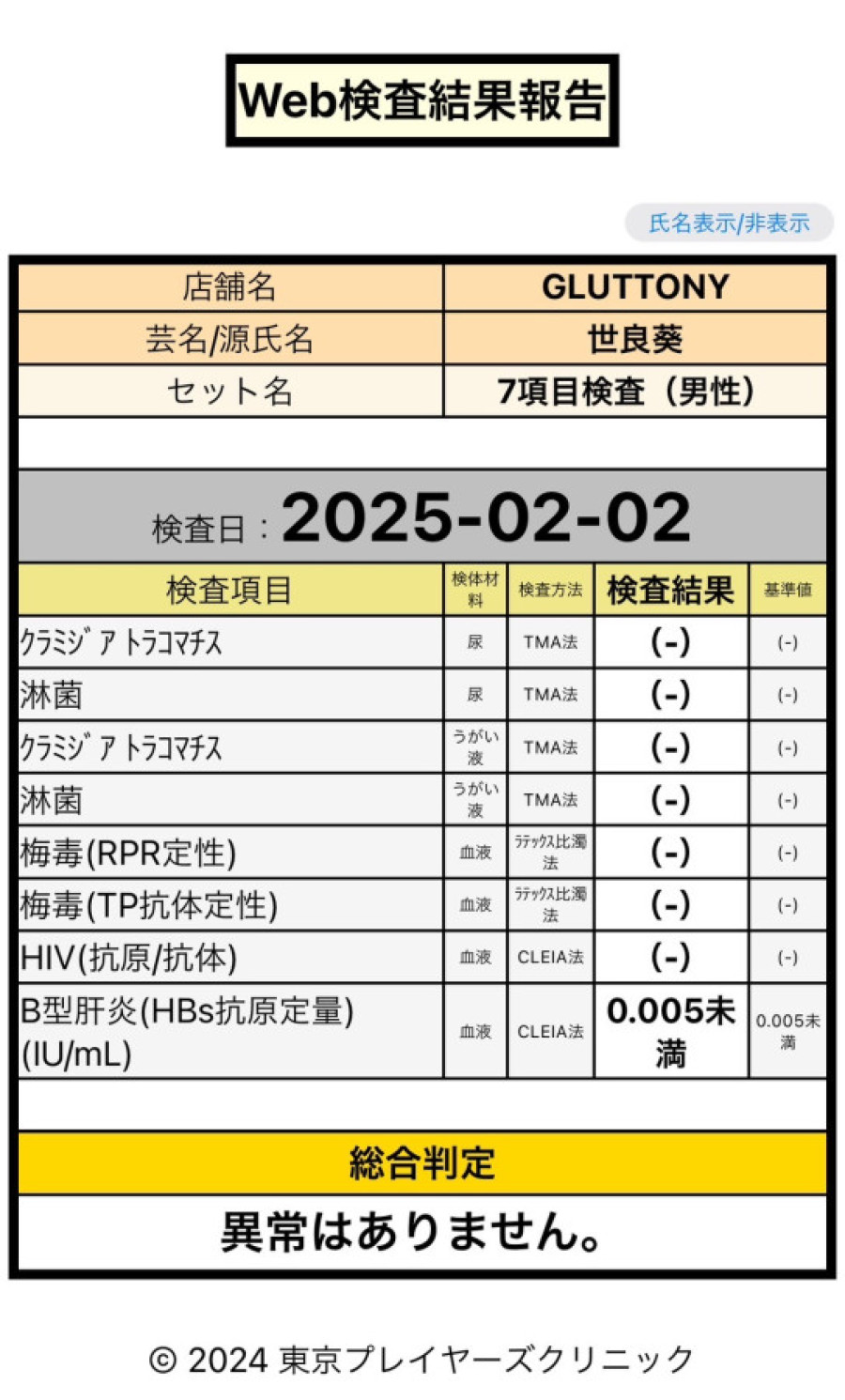 世良 葵の性病検査証明書