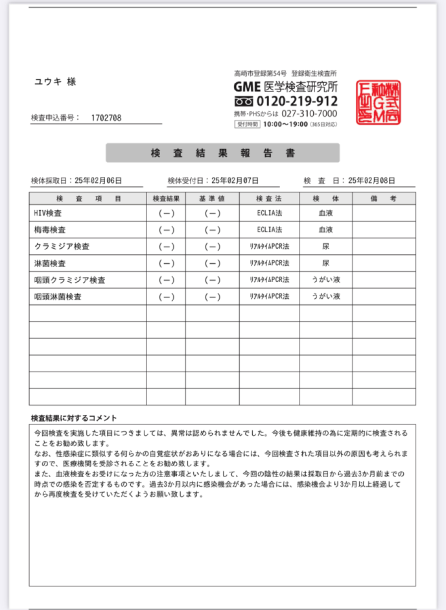 ユウキの性病検査証明書