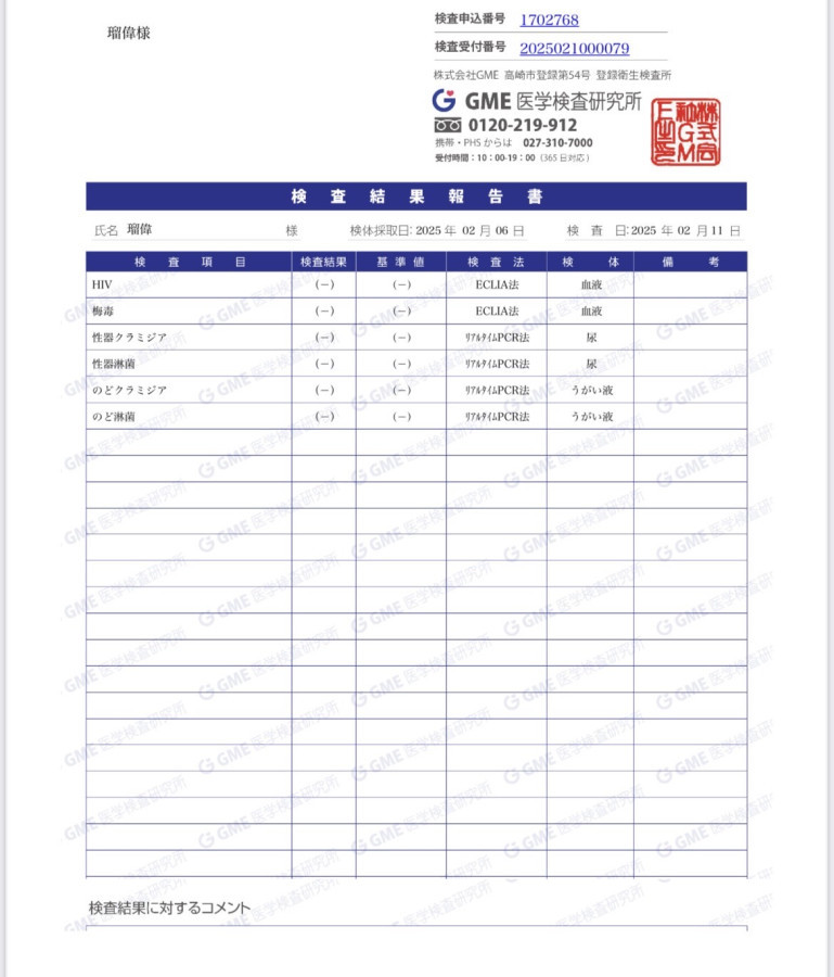 瑠偉の性病検査証明書