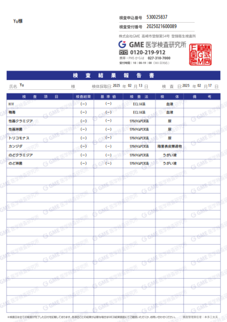 YUの性病検査証明書