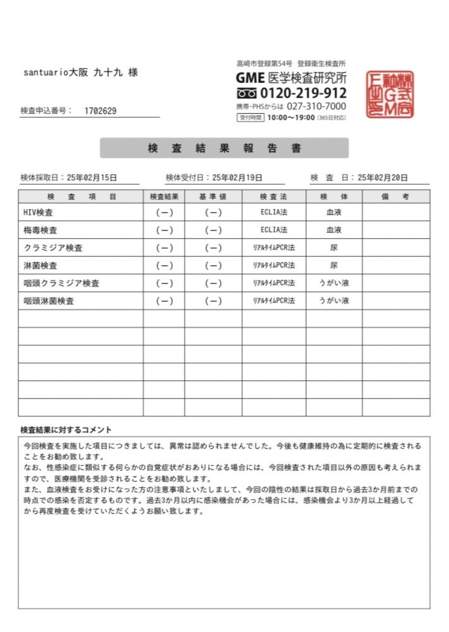 九十九の性病検査証明書