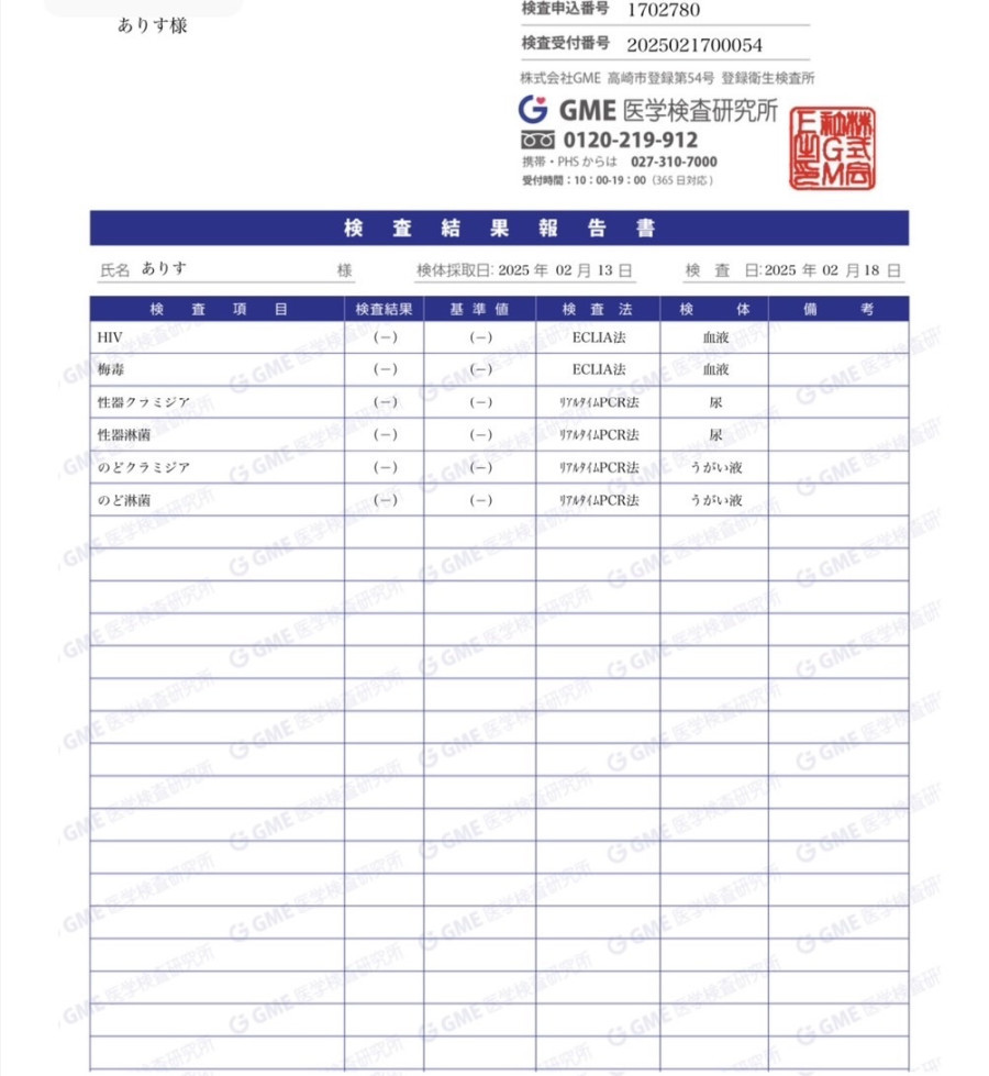 ありすの性病検査証明書