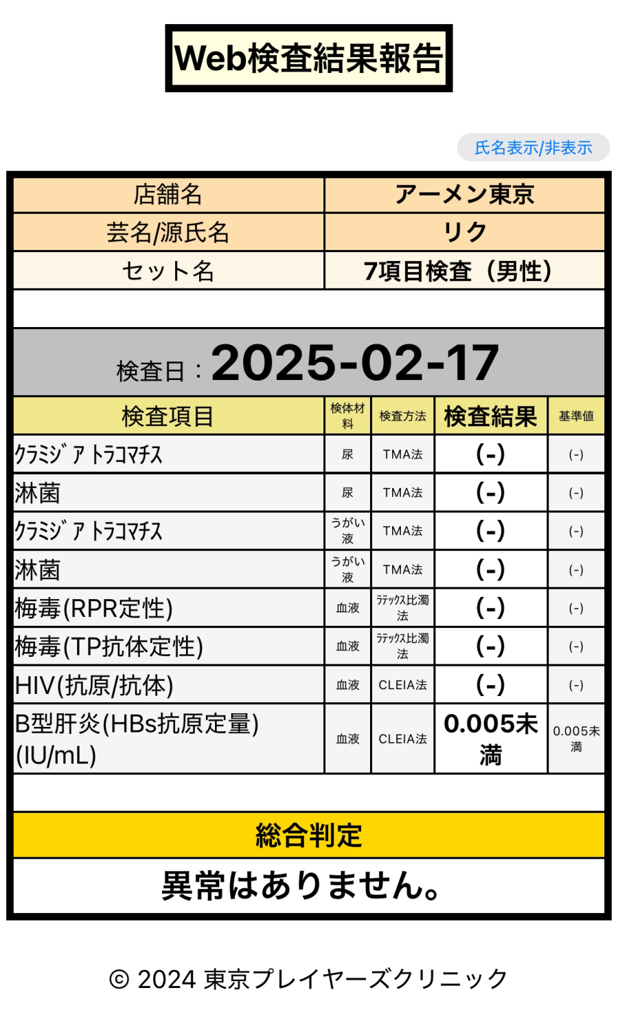 リクの性病検査証明書