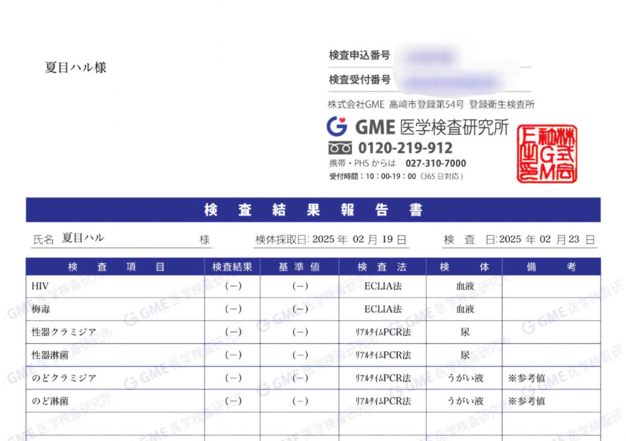 夏目 ハルの性病検査証明書