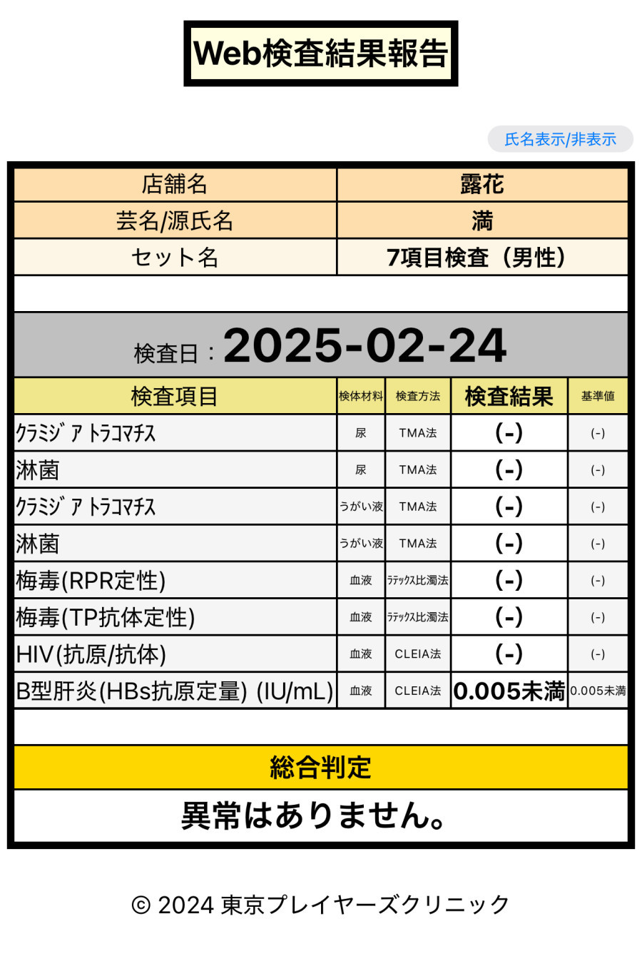 満の性病検査証明書