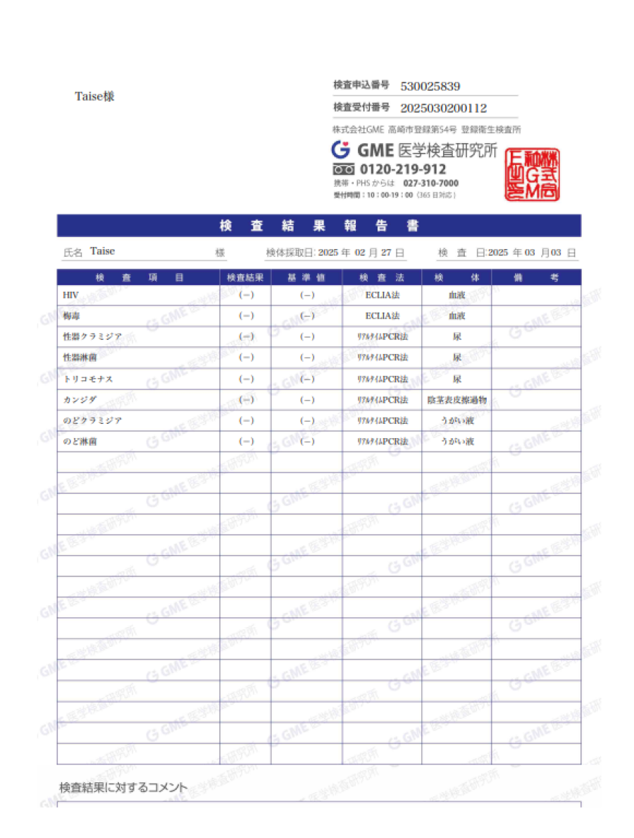 TAISEの性病検査証明書