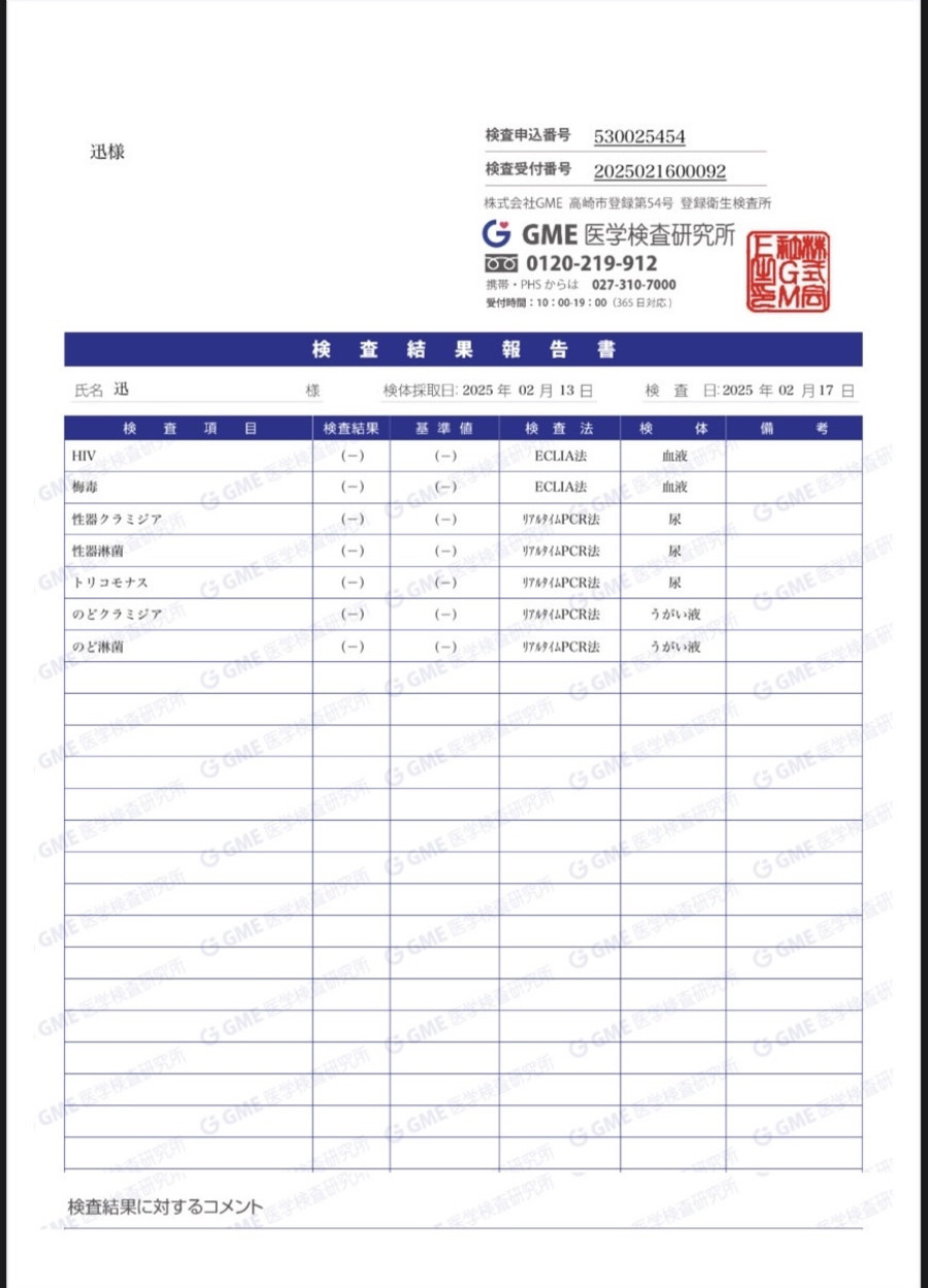 迅の性病検査証明書