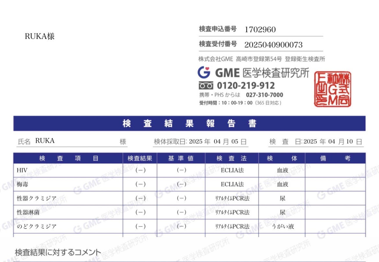RUKAの性病検査証明書