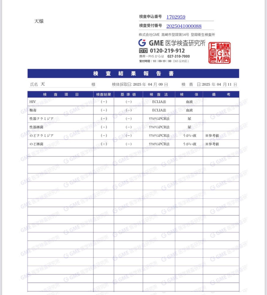 天の性病検査証明書