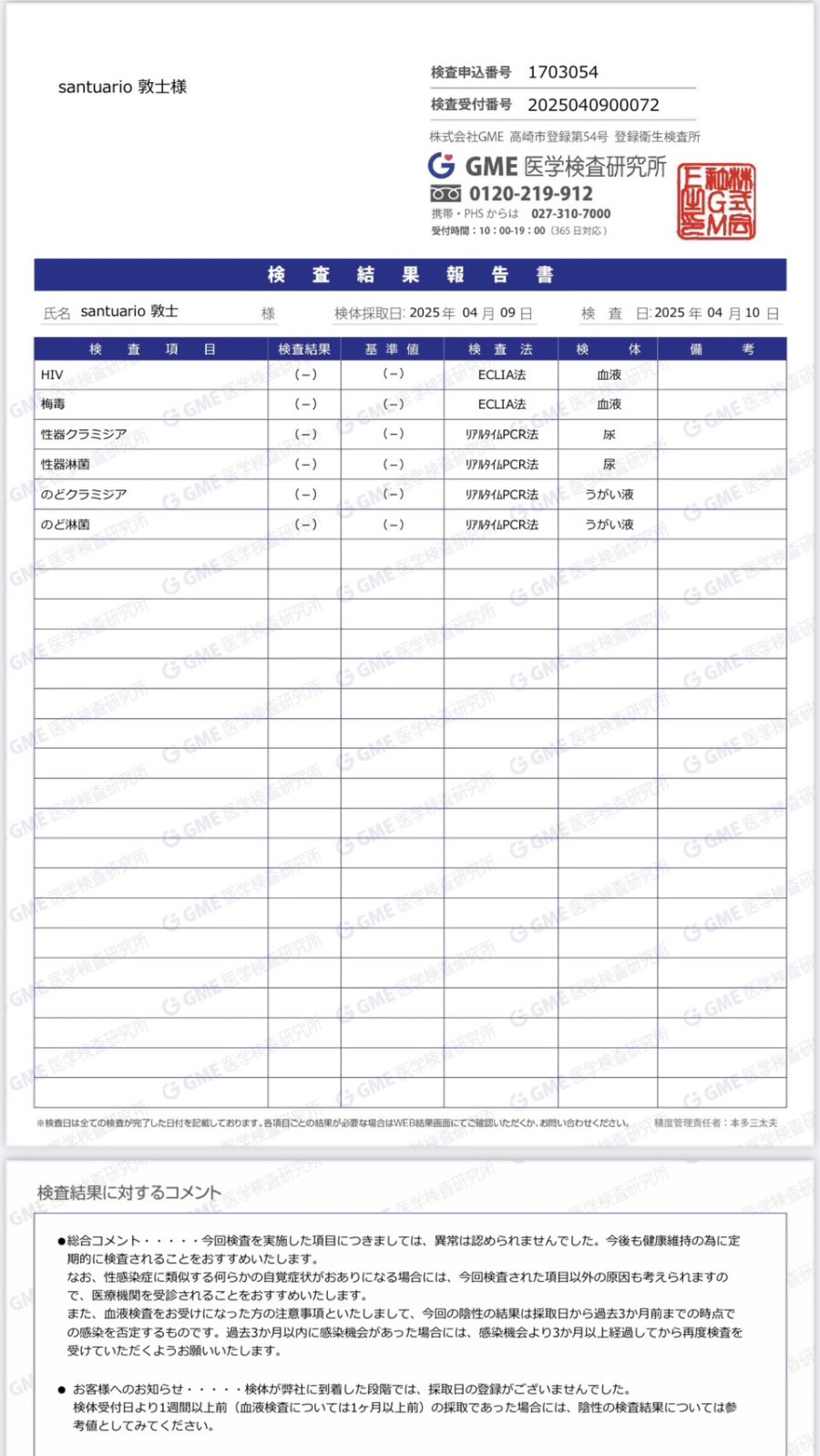 敦士の性病検査証明書