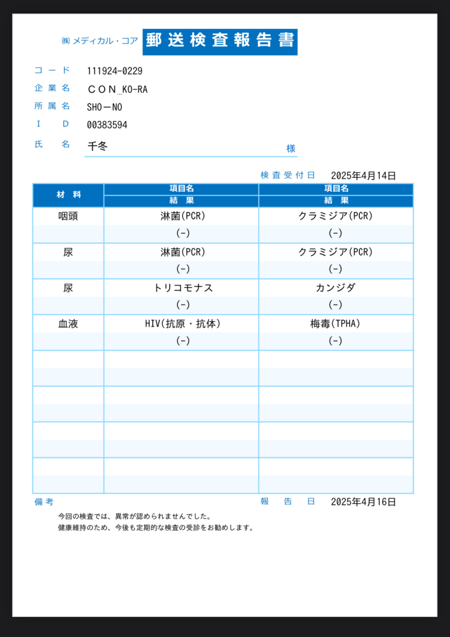 千冬の性病検査証明書
