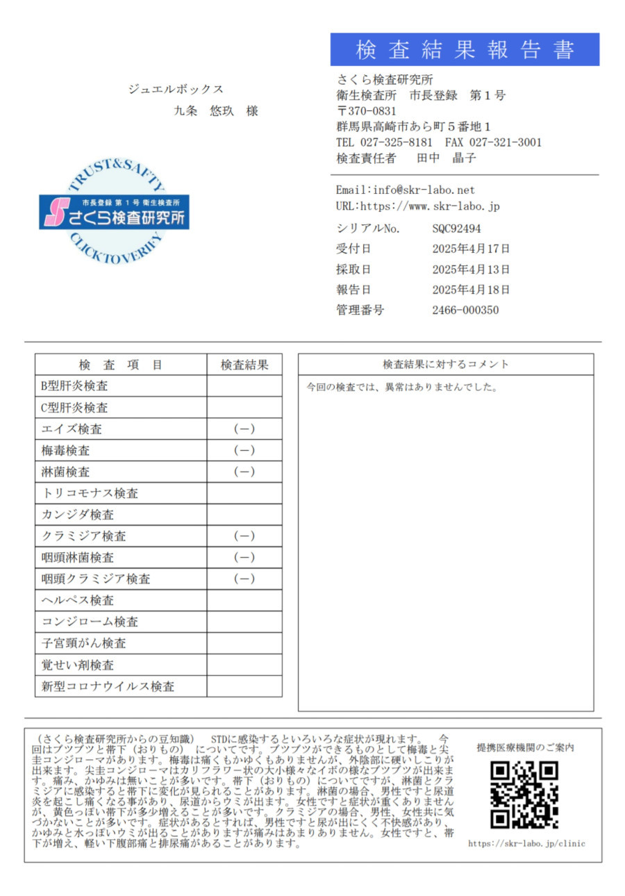 九条 悠玖の性病検査証明書