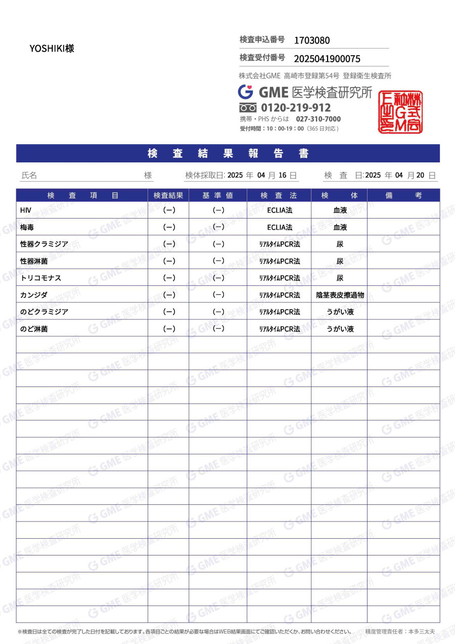 YOSHIKIの性病検査証明書