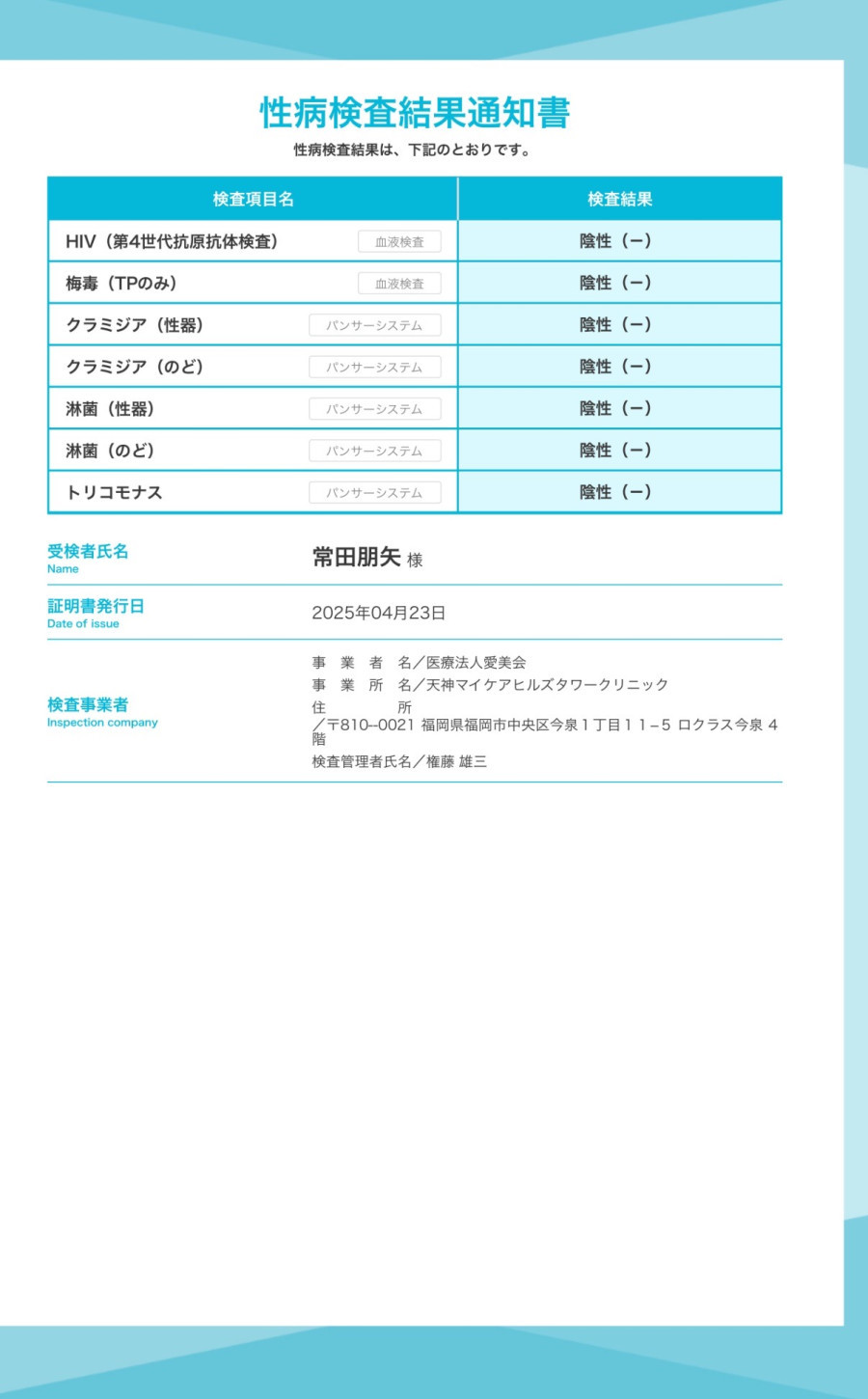 常田 朋矢の性病検査証明書