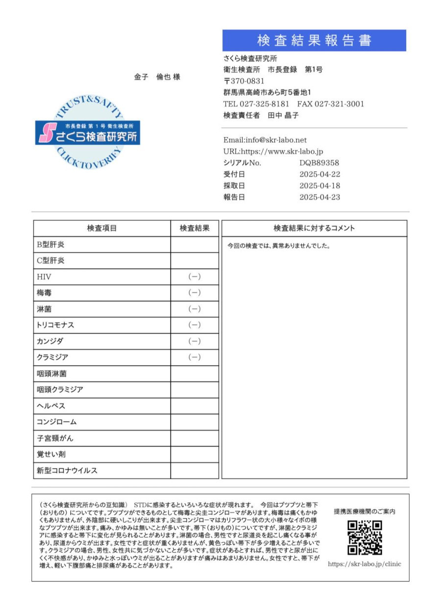 金子 倫也の性病検査証明書