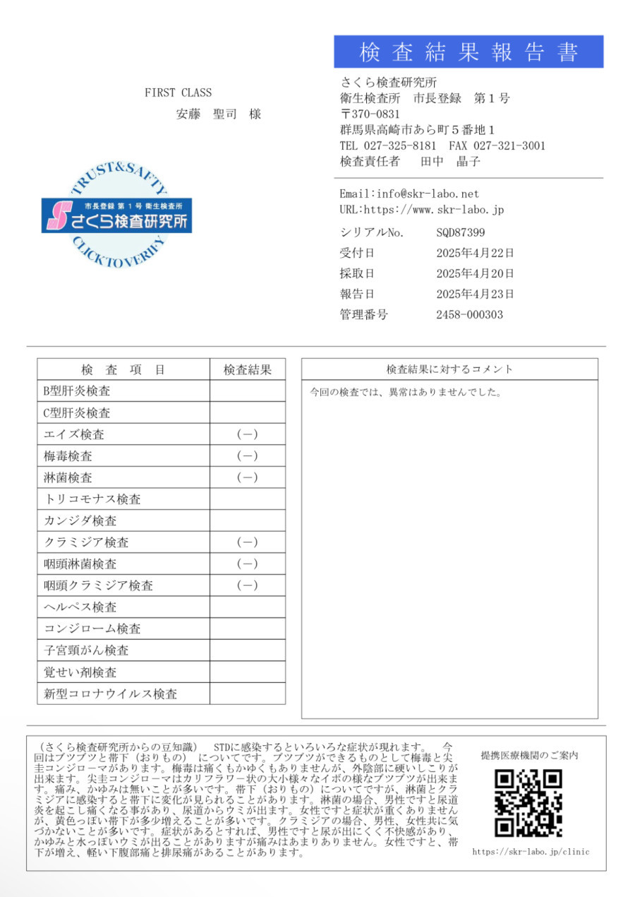 安藤 聖司の性病検査証明書