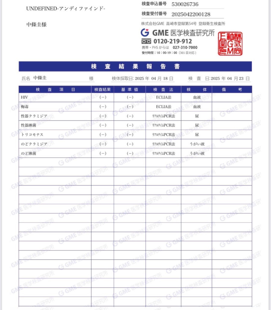 中條 圭の性病検査証明書