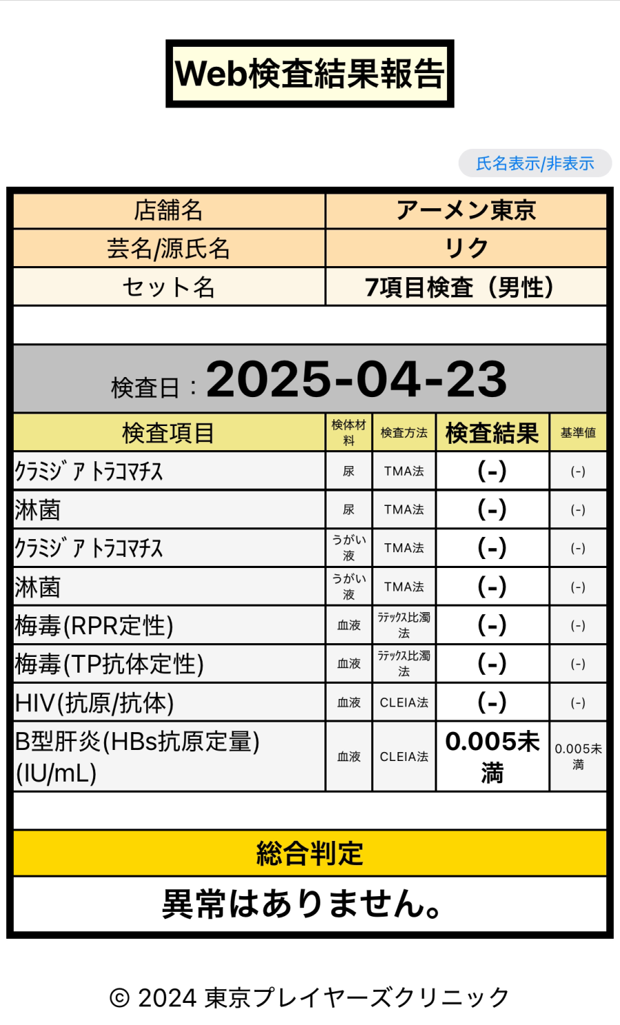 リクの性病検査証明書