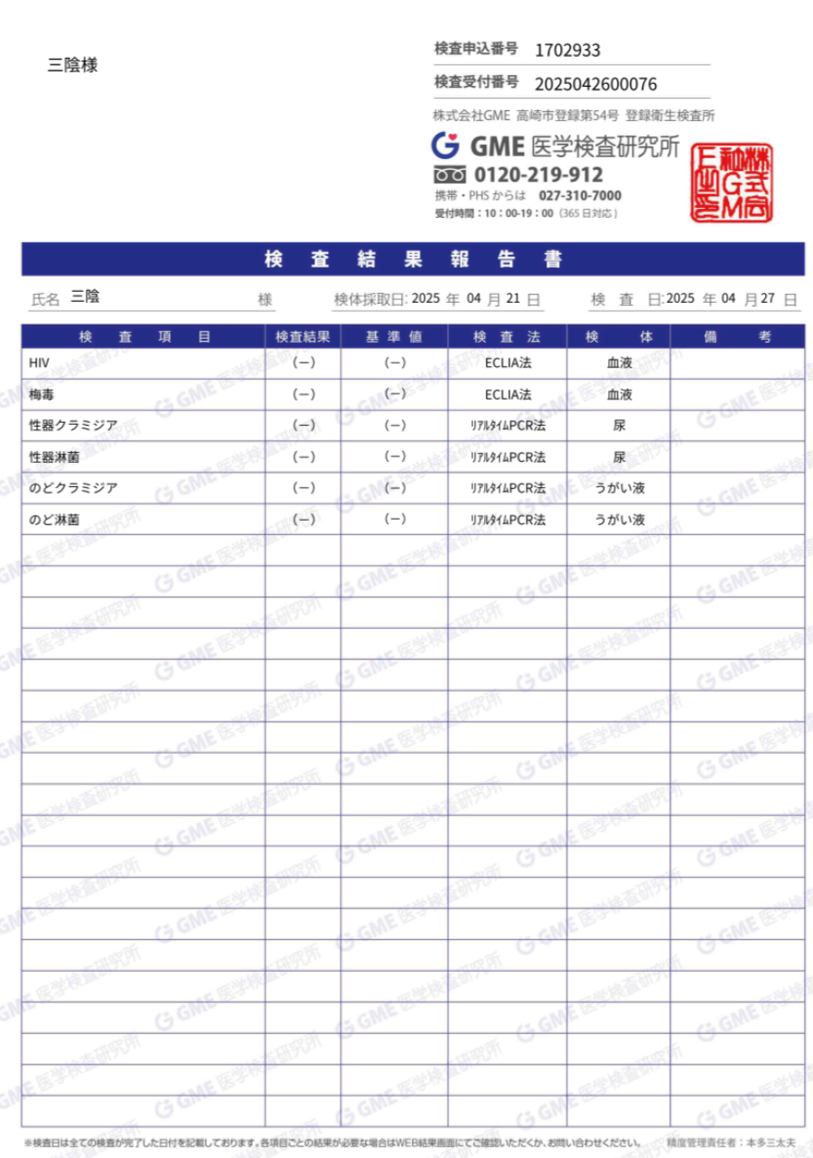 三陰の性病検査証明書