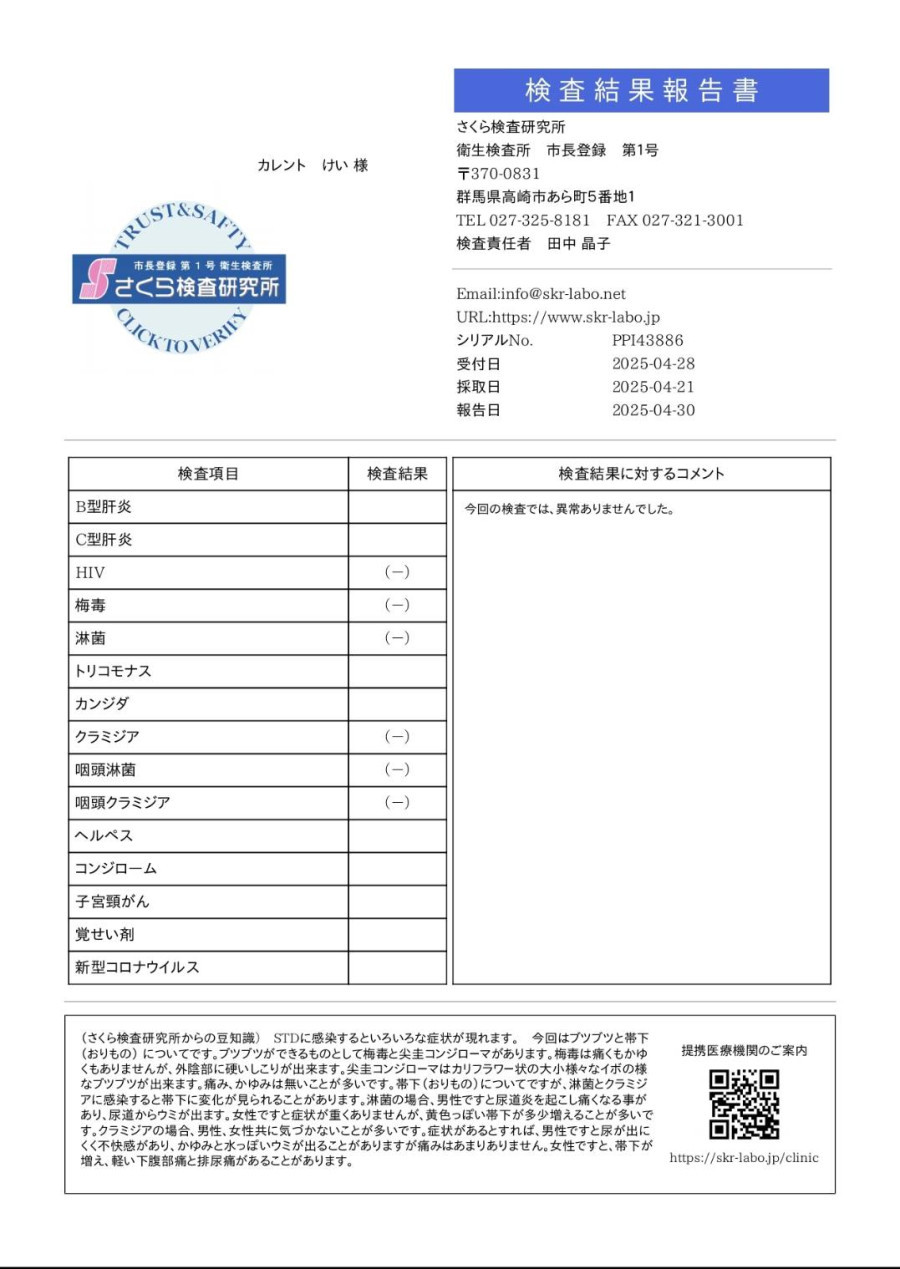 けいの性病検査証明書