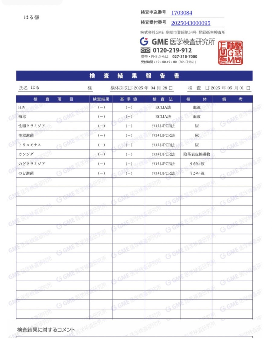 Haruの性病検査証明書