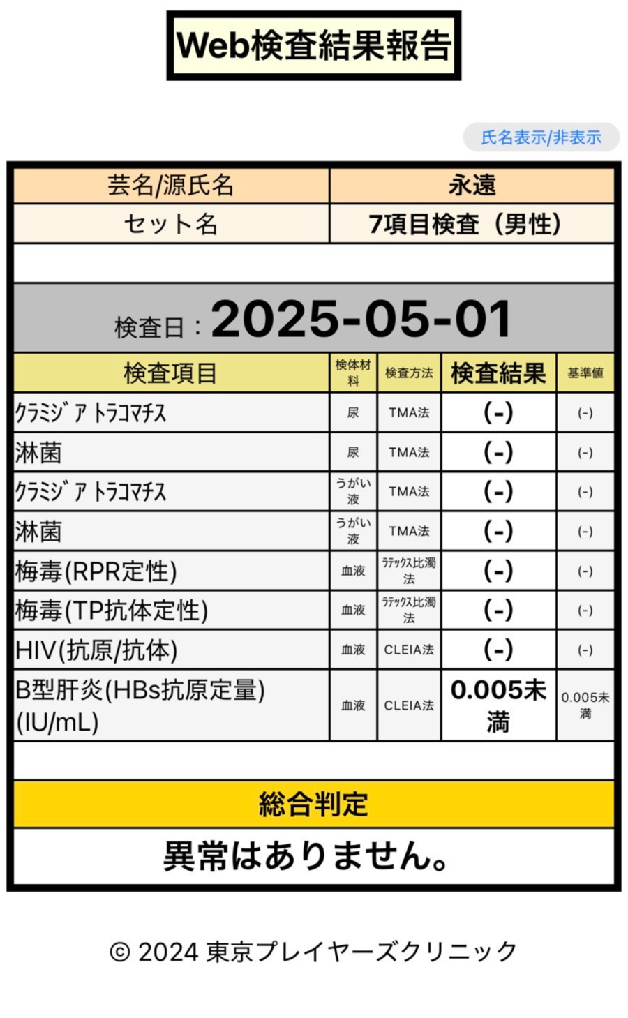 永遠の性病検査証明書